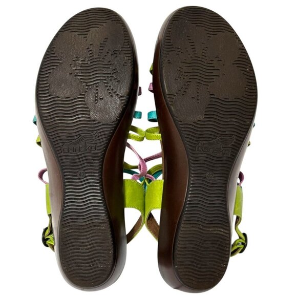 Dansko Dana Sandals Leather Pink Blue Green Strappy Wedge Womens Size 42 US 12 - Picture 10 of 16